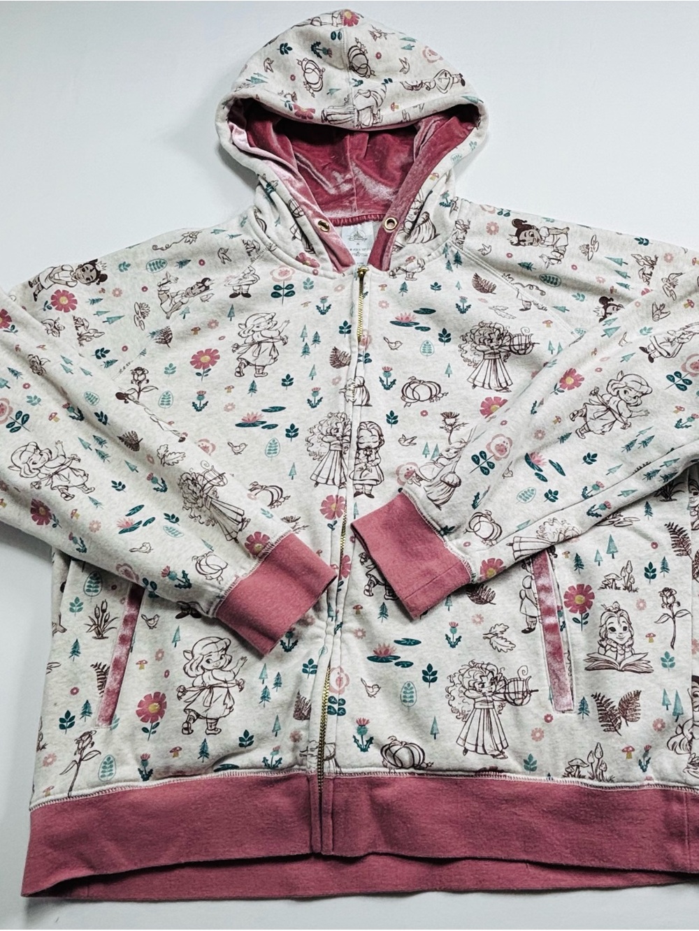 Disney Girls' Light Floral Character Zip Hoodie in Dusty Rose Trim